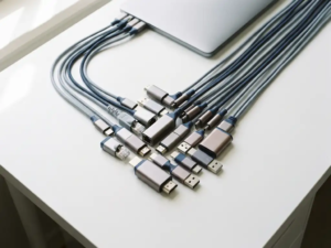 Ethernet-Kabel und Stecker in parallelen Reihen auf weißem Schreibtisch, verbunden mit einem Laptop, Draufsicht im natürlichen Bürolicht.