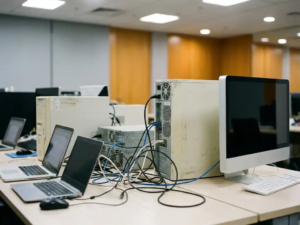 Veraltete Beige-Tower-PCs und moderne Laptops mit Kabelsalat auf einem Büroschreibtisch, symbolisiert heterogene IT-Infrastruktur.