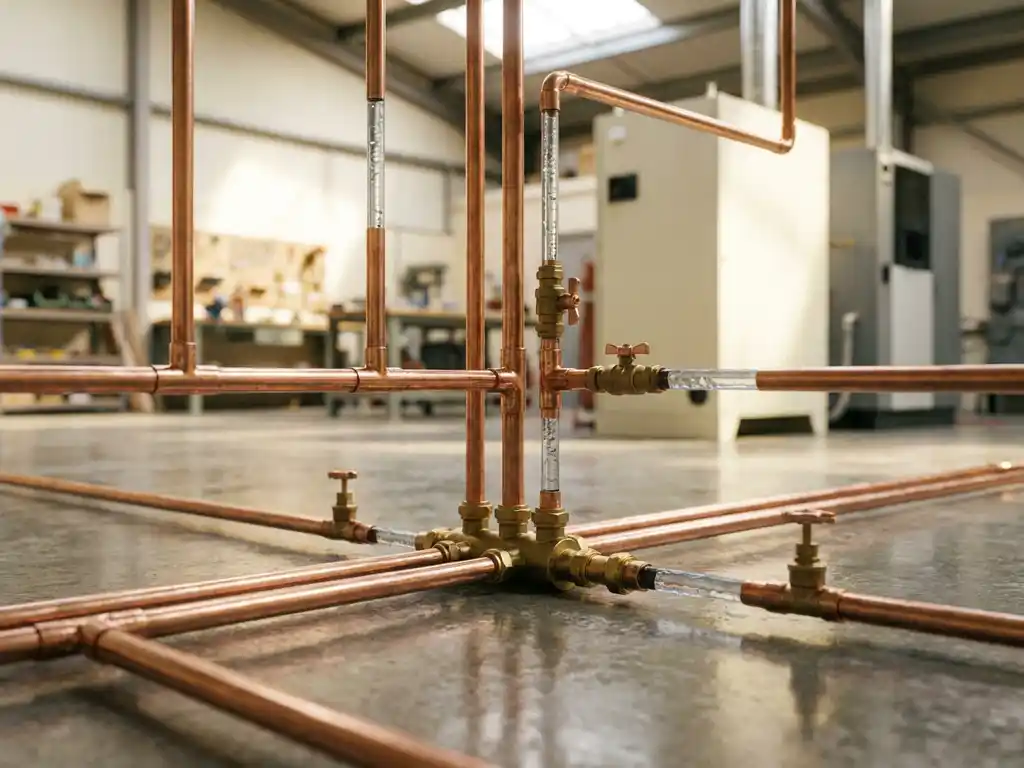 Kupferrohrnetz mit zentralem Knotenpunkt auf Betonoberfläche, symbolisiert nahtlosen Datenfluss in der API-Integration.
