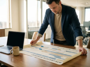 Projektmanager breitet Integrationsroadmap auf Konferenztisch aus, Laptop und Kaffeetasse daneben, warmes Bürolicht.