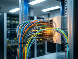Farbige Ethernet- und Glasfaserkabel bündeln sich an einem Knotenpunkt im Serverrack, Nahaufnahme mit Bokeh-Effekt.