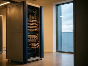 Server-Rack in modernem Rechenzentrumsgang neben Fenster mit bewölktem Himmel, warmes Innenlicht kontrastiert kühles Tageslicht.