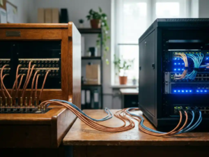 Vintage-Telefonvermittlung neben modernem Server-Rack im IT-Büro, verbunden durch Kupfer-Patchkabel, warme und kühle Farbtöne.