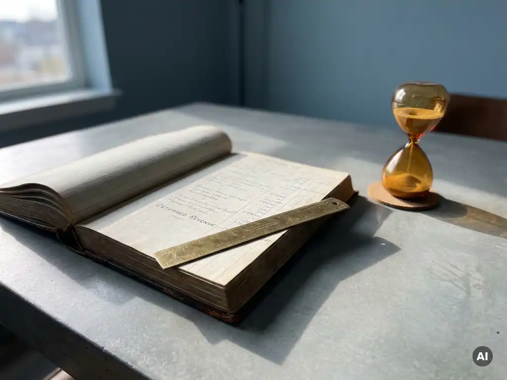 Aufgeschlagenes Lederbuch auf modernem Schreibtisch mit Messinglineal und Sanduhr, symbolisiert verzögerte Umsatzrealisierung.