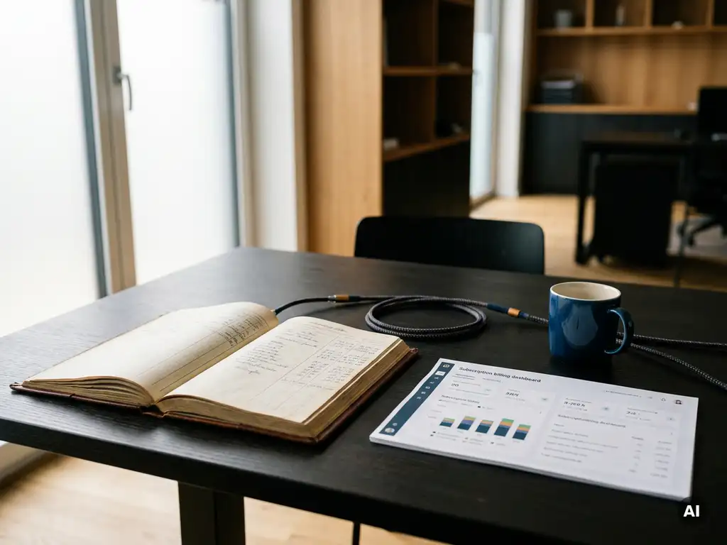 Aufgeschlagenes Buchführungsjournal neben einem Abrechnungs-Dashboard auf einem minimalistischen Schreibtisch in einem modernen deutschen Büro.