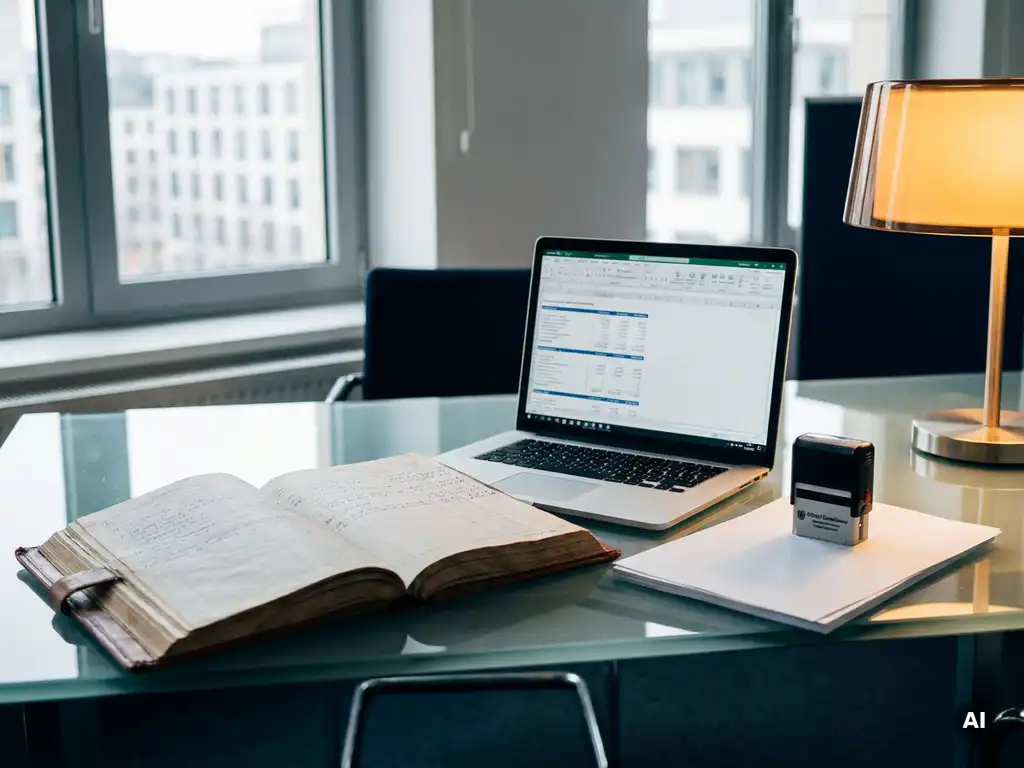Aufgeschlagenes Lederbuch-Buchhaltungsjournal auf Glasschreibtisch neben Laptop mit Finanzdaten und amtlichem Stempel auf Dokumenten.