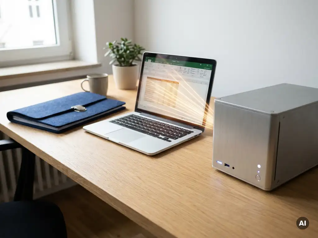 Buchhaltungsordner neben einem Laptop auf einem deutschen Büroschreibtisch mit Tabellenkalkulationsdaten auf dem Bildschirm.