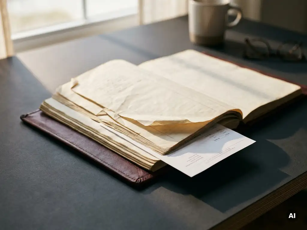 Aufgeschlagenes Lederbuch-Buchhaltungsjournal mit verschobenen Seiten und herausgleitender weißer Rechnung auf modernem Schreibtisch.