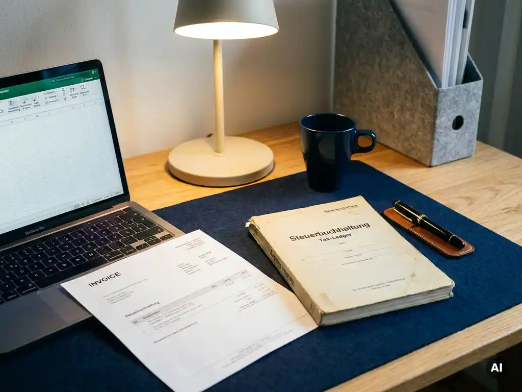 Ordentlicher Schreibtisch eines Buchhalters mit Papierrechnung, Laptop mit Tabellenkalkulation, deutschem Steuerordner und Stift.
