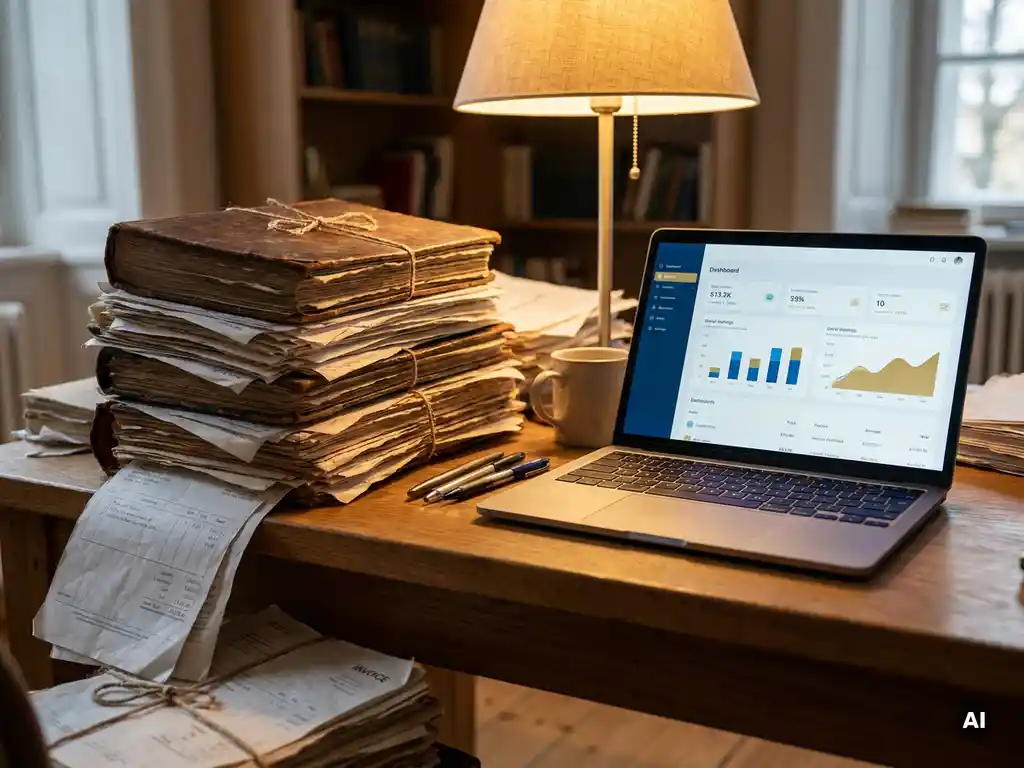Überfüllter Schreibtisch mit gestapelten Buchhaltungsordnern und Rechnungen neben einem Laptop mit Analyse-Dashboard im warmen Lampenlicht.