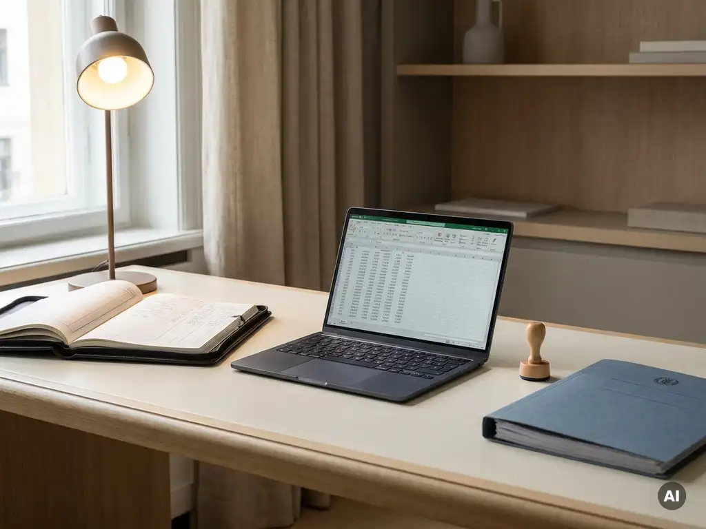 Moderner Buchhalter-Schreibtisch mit aufgeschlagenem Lederledger, Laptop mit Datentabellen, Stempel und Dokumentenmappe im weichen Seitenlicht.