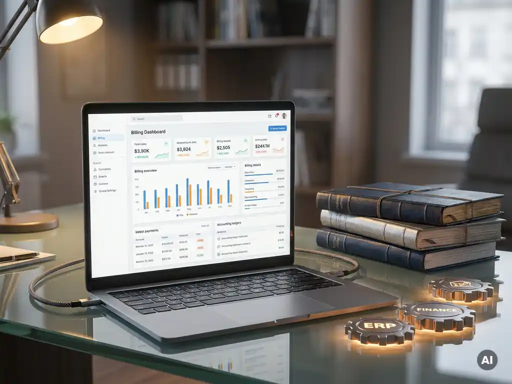 Laptop mit Abrechnungssoftware verbunden mit Buchhaltungsordnern und ERP-Symbolen auf einem Glasschreibtisch in modernem Büroambiente.