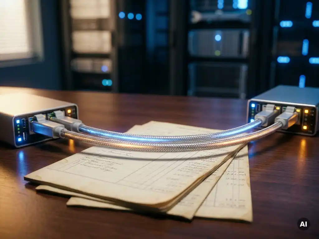 Silberne Datenkabel verbinden zwei leuchtende Server-Knoten über aufgefächerten Finanzbuchhaltungsseiten auf dunklem Schreibtisch.