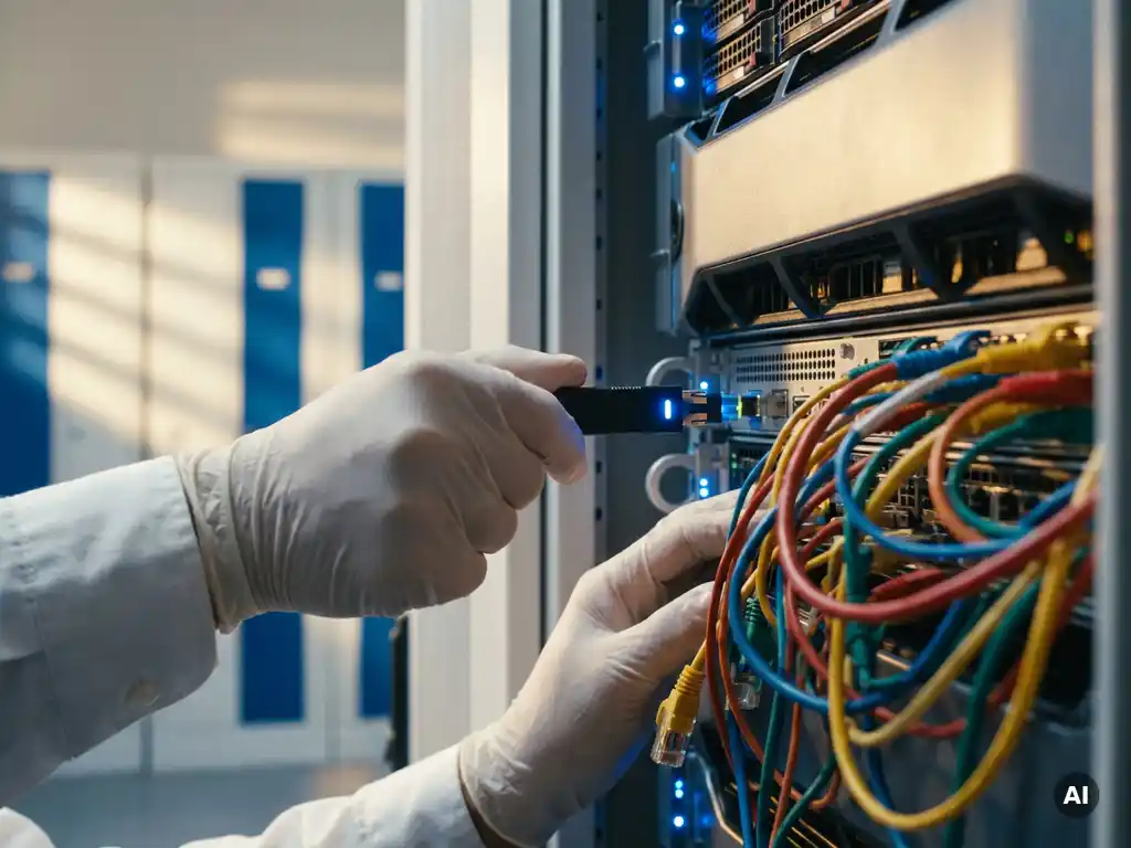 Techniker tauscht farbige Kabelverbindungen gegen einen Glasfaser-Connector an einem Server-Rack in modernem Rechenzentrum aus.