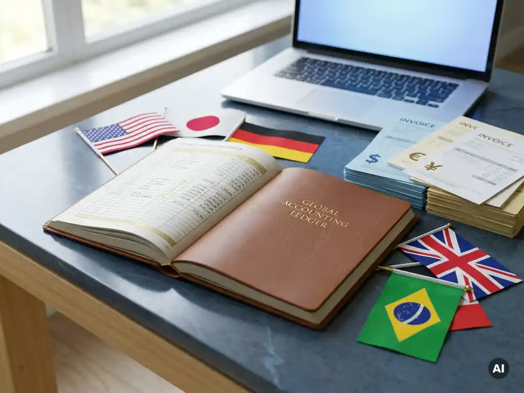 Aufgeschlagenes Buchhaltungsjournal auf modernem Schreibtisch mit Länderflaggen, Rechnungen in Fremdwährungen und leuchtendem Laptop im Hintergrund.