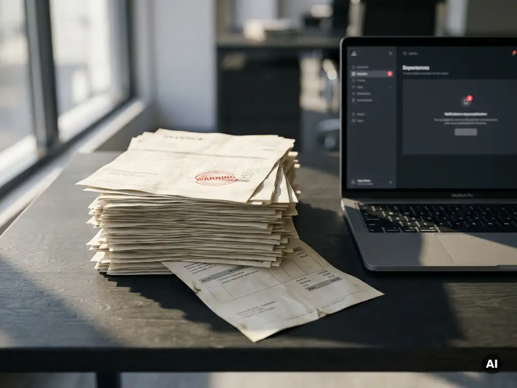 Stapel Papierrechnungen mit rotem Warnstempel neben aufgeklapptem Laptop auf Schreibtisch, ein Dokument gleitet heraus.