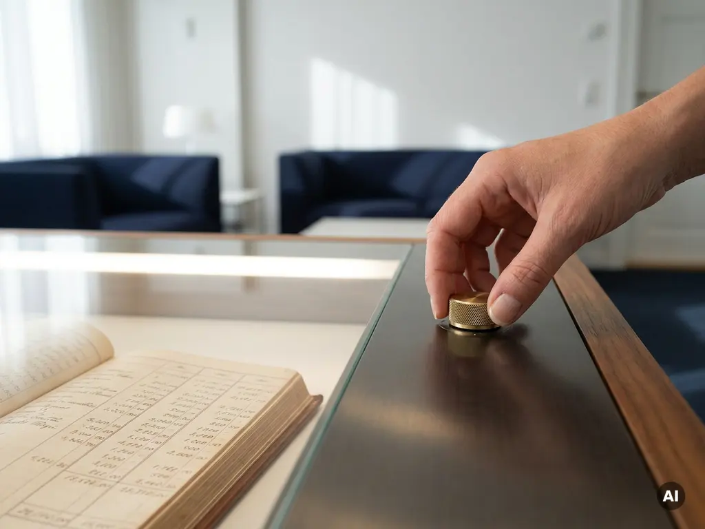 Hand justiert einen Messingdrehregler auf einem modernen Kontrollpanel über einem Glastisch mit Finanzbuchhaltungsspalten.