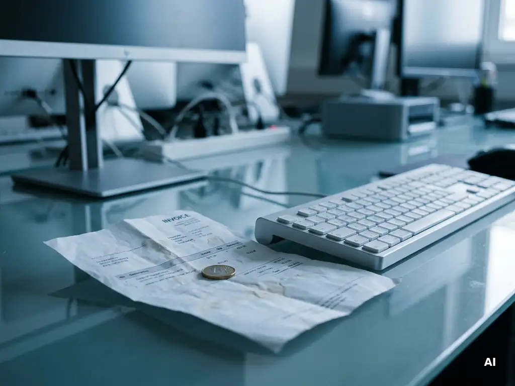 Zerknitterter Papier-Rechnungsbeleg mit Euro-Münze neben moderner Tastatur auf Glasschreibtisch in blauem Bürolicht.