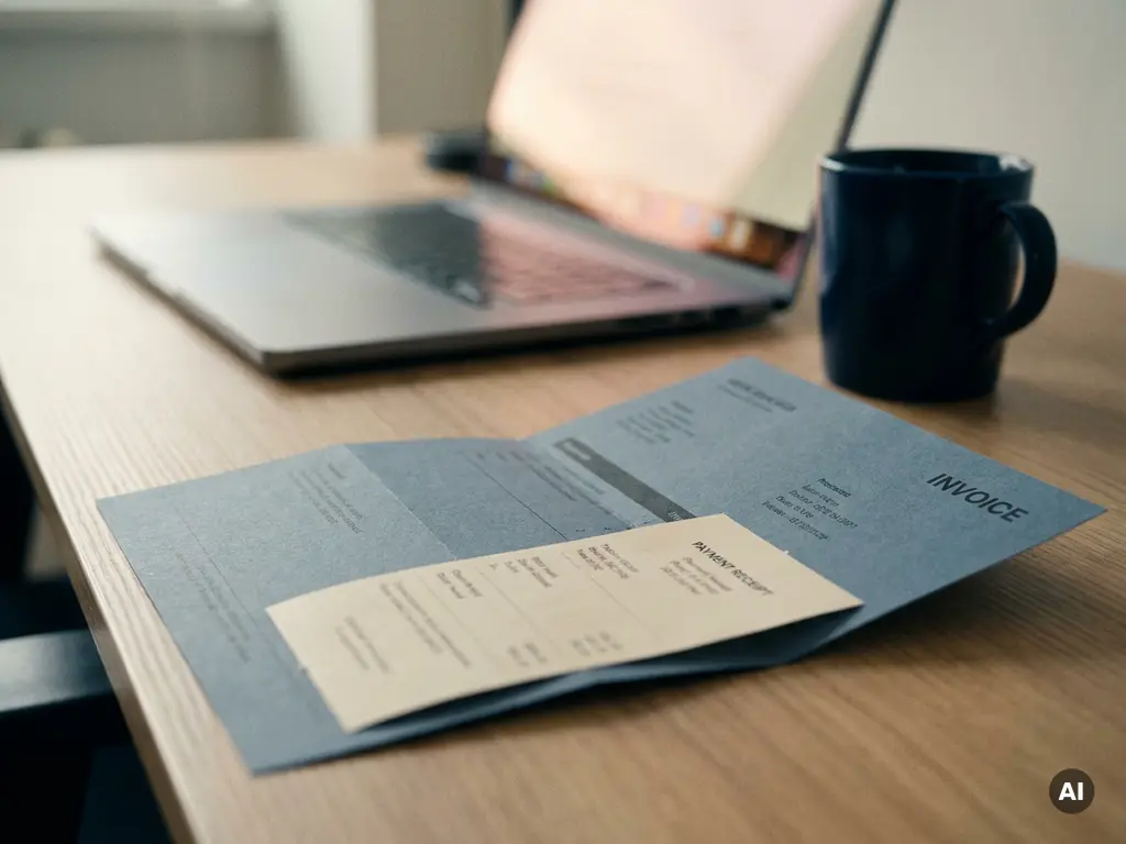 Gefaltete Rechnung mit Zahlungsbeleg auf modernem Schreibtisch, Laptop im unscharfen Hintergrund, professionelle Büroatmosphäre.