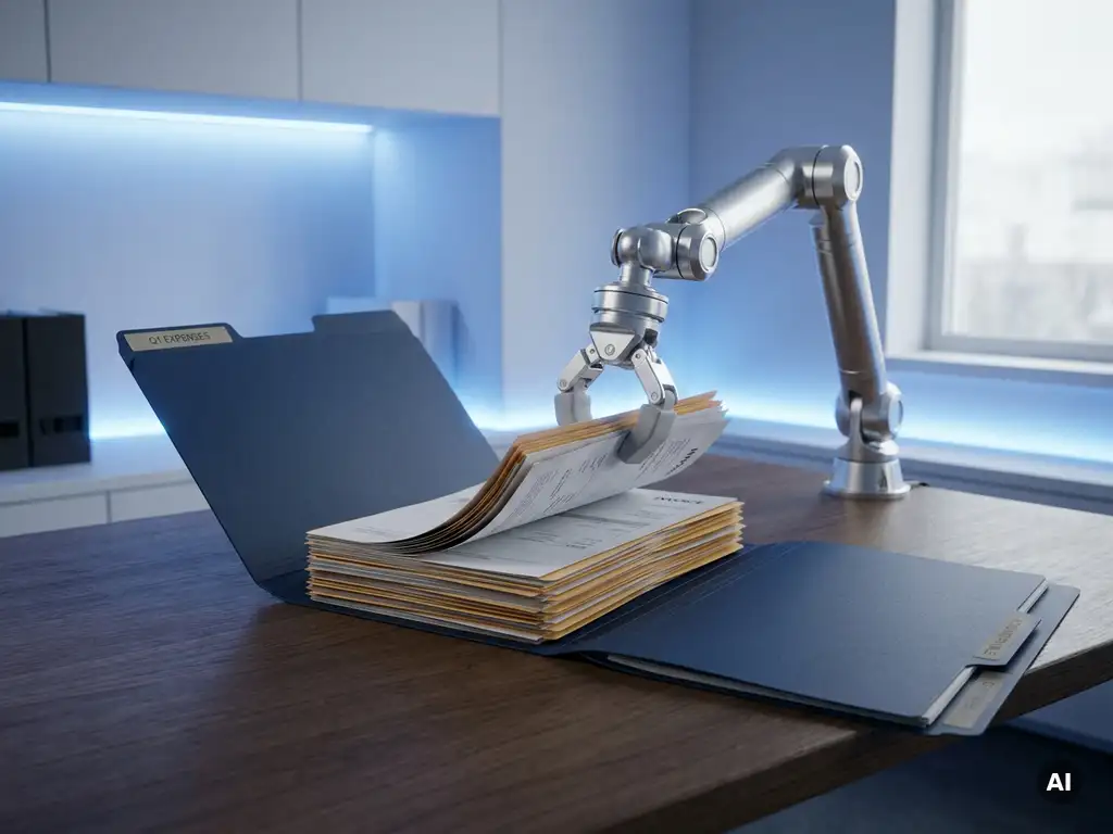 Mechanischer Arm sortiert Rechnungen und Belege automatisch in beschriftete Ordner auf modernem Schreibtisch mit blauem Umgebungslicht.