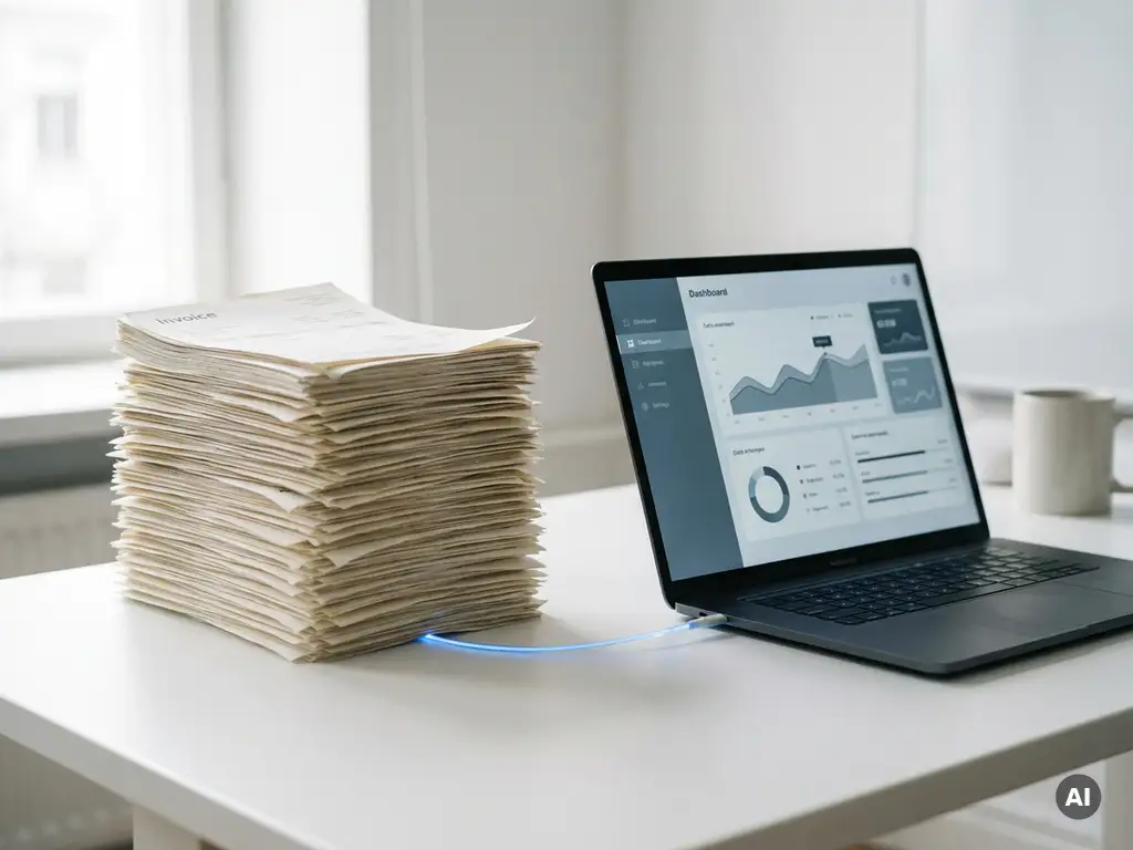 Papierstapel mit Rechnungen neben einem Laptop mit Dashboard, verbunden durch ein leuchtendes Kabel auf weißem Schreibtisch.