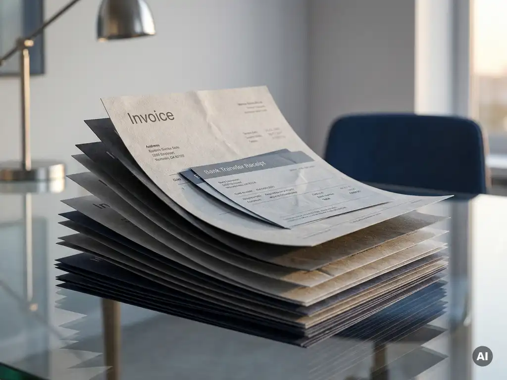 Gestapelte Papierrechnungen auf einem Glastisch mit einer Banküberweisung obenauf, in einem modernen Büro mit weichem Studiolicht.