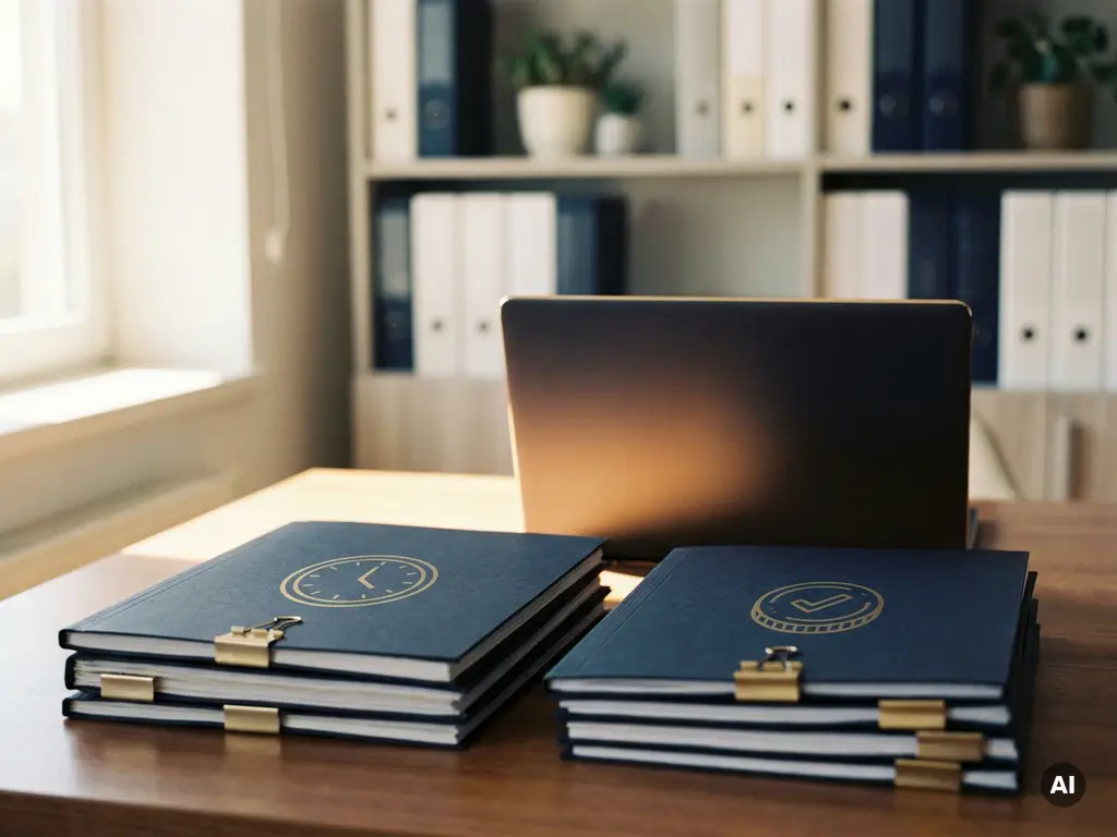 Ordentlicher Buchhalterschreibtisch mit zwei Rechnungsordnern – einer mit Uhr-Stempel, einer mit Münz-Häkchen – und leuchtendem Laptop im Hintergrund.