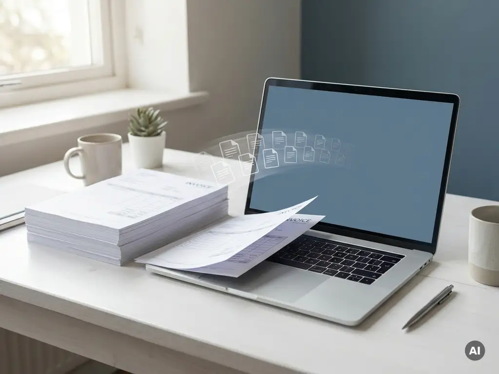 Gedruckte Rechnungen neben einem modernen Laptop auf einem minimalistischen Büroschreibtisch, digitale Dokumentenverarbeitung.
