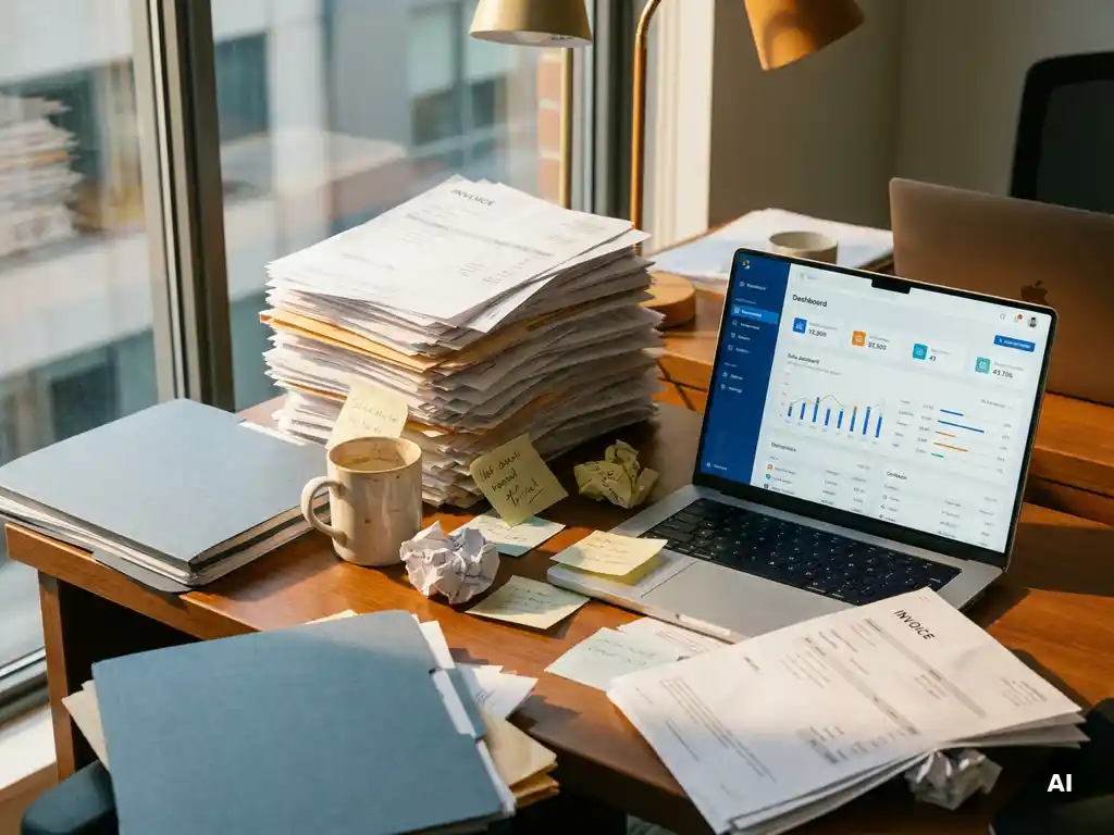 Überquellender Papierstapel mit Rechnungen auf modernem Schreibtisch neben Laptop mit automatisiertem Buchhaltungs-Dashboard, Haftnotizen und Kaffeetasse.
