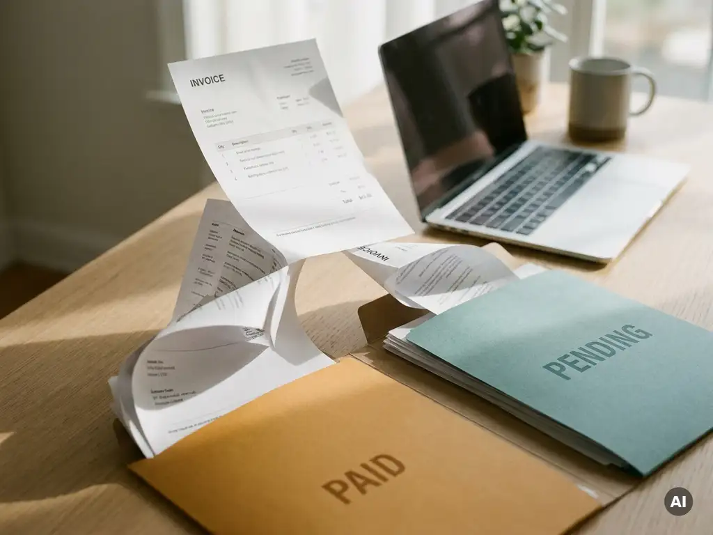 Rechnung teilt sich in zwei Papierströme, die in beschriftete Ordner auf modernem Schreibtisch fließen, Draufsicht, natürliches Licht.