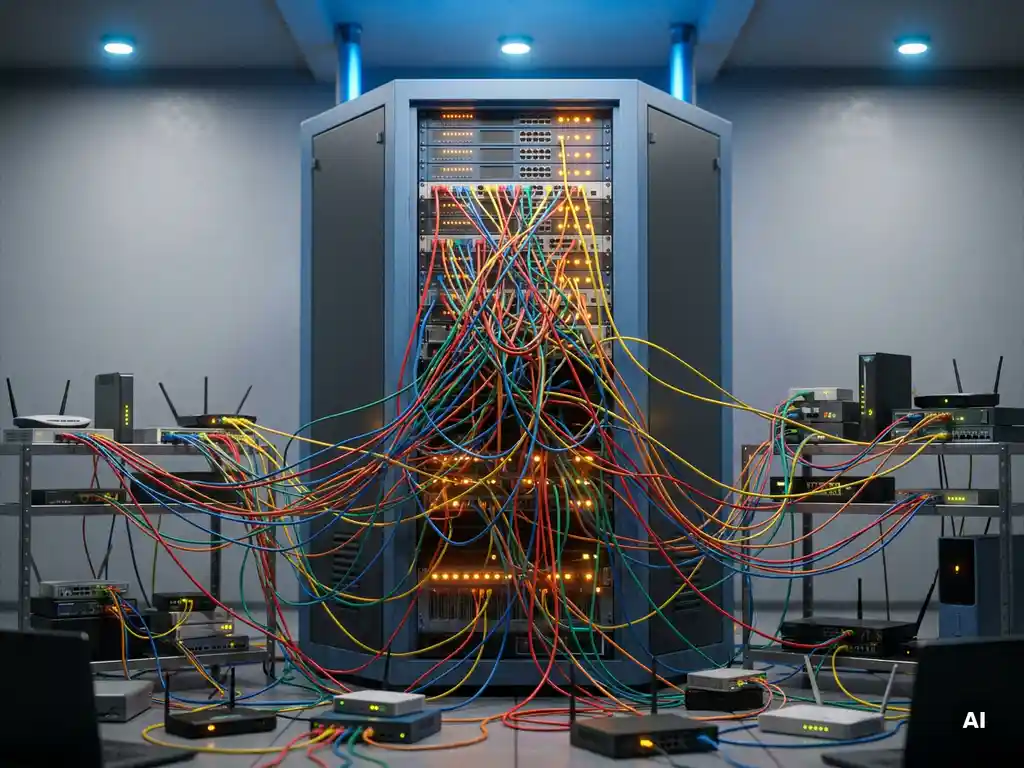 SaaS-Server-Rack mit Dutzenden bunter, verschlungener Kabel, die zu verschiedenen Geräten führen, in blau-grauer Unternehmensumgebung mit Bernsteinlicht.