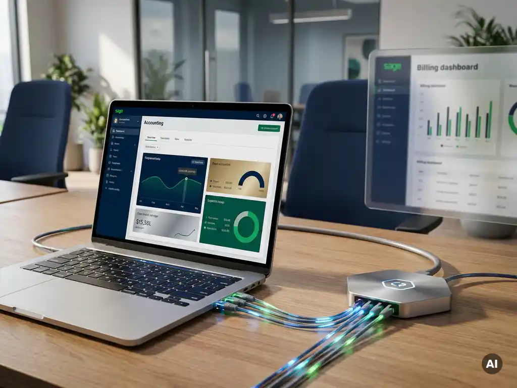 Laptop mit Buchhaltungssoftware-Oberfläche, verbunden mit einem Abrechnungs-Dashboard über ein zentrales Datennetzwerk im modernen Büro.