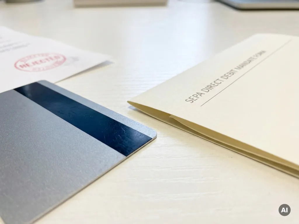 Abgelehntes Bankkarte auf weißem Schreibtisch neben einem SEPA-Lastschriftmandat mit rotem Ablehnungsstempel.