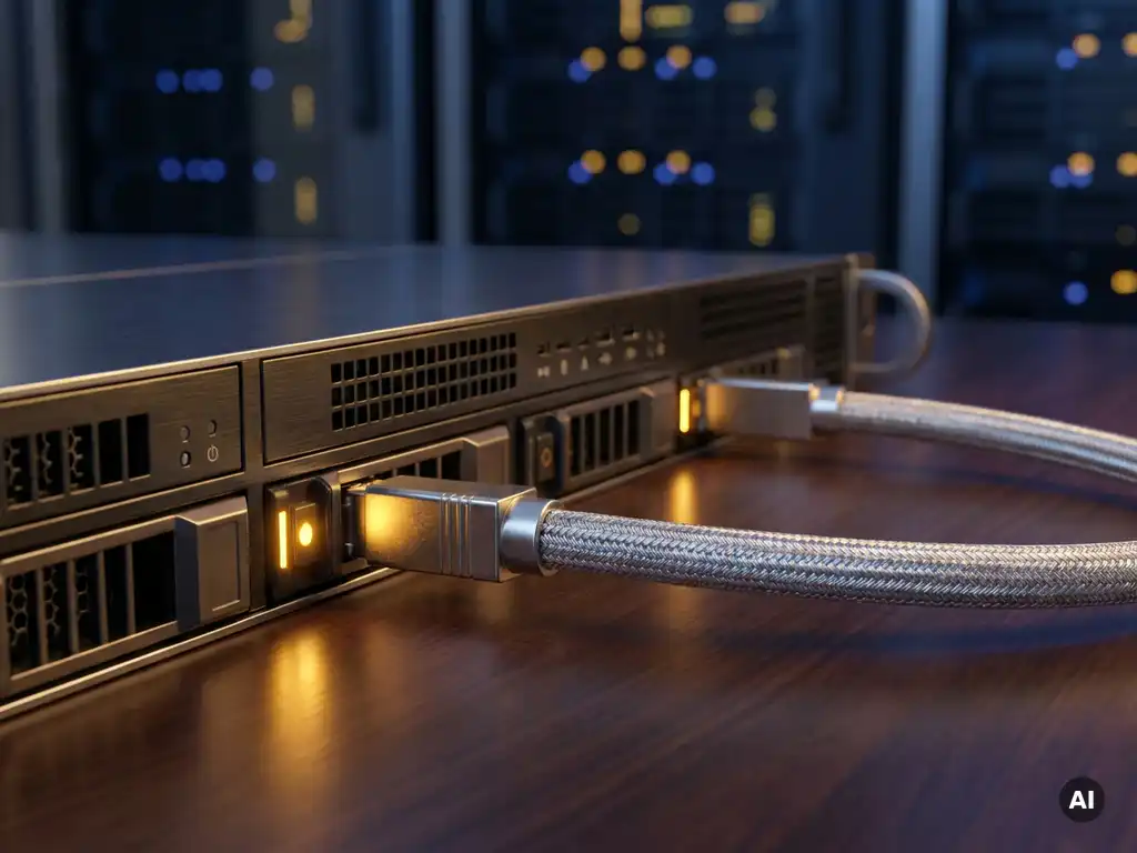 Silbernes Datenkabel verbindet zwei Enterprise-Server auf dunklem Schreibtisch, beleuchtet von warmem Licht in modernem Rechenzentrum.