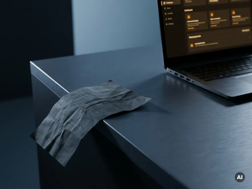 Zerknittertes Zahlungsdokument gleitet von einem modernen Schreibtisch, während ein Laptop im Hintergrund bernsteinfarbene Warnhinweise anzeigt.